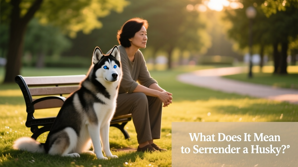 A calm, well-groomed Siberian Husky sitting beside a person on a grassy park bench