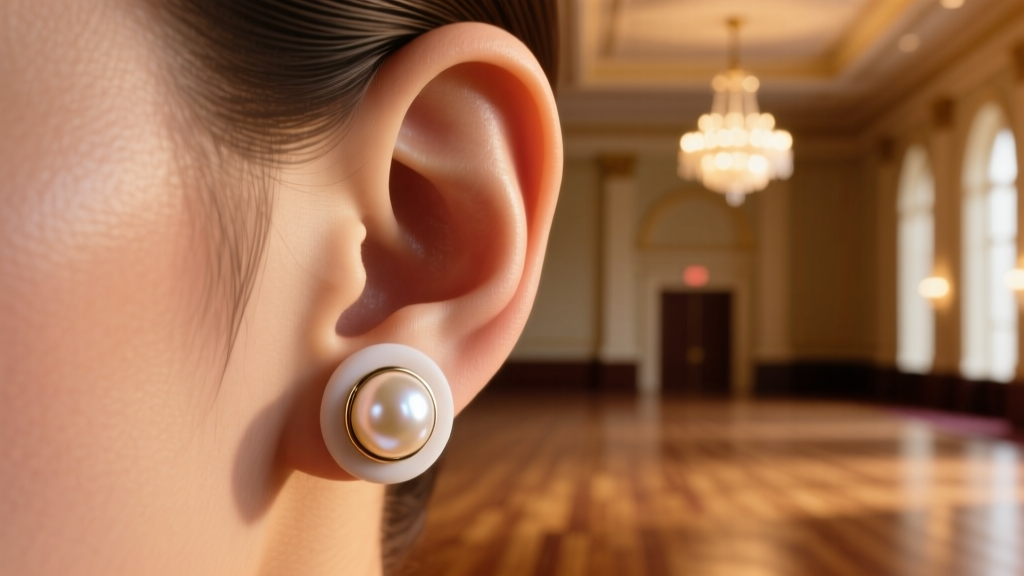 Ear wearing a heavy faux pearl stud secured with a silicone support backing, captured in soft, warm convention hall lighting.