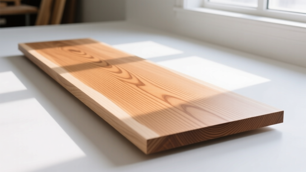 Planed white oak board showing distinct straight grain and medullary rays under bright workshop lighting beside a lumber grading stamp