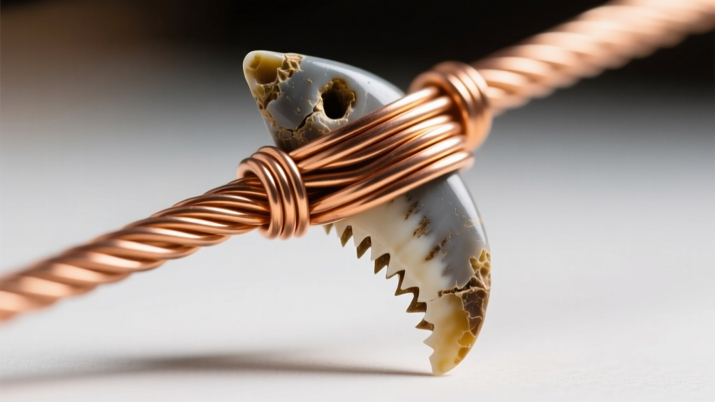 Close-up of 20-gauge copper wire wrapping technique securing a fossilized shark tooth bail, showing tight loops and clean twists.