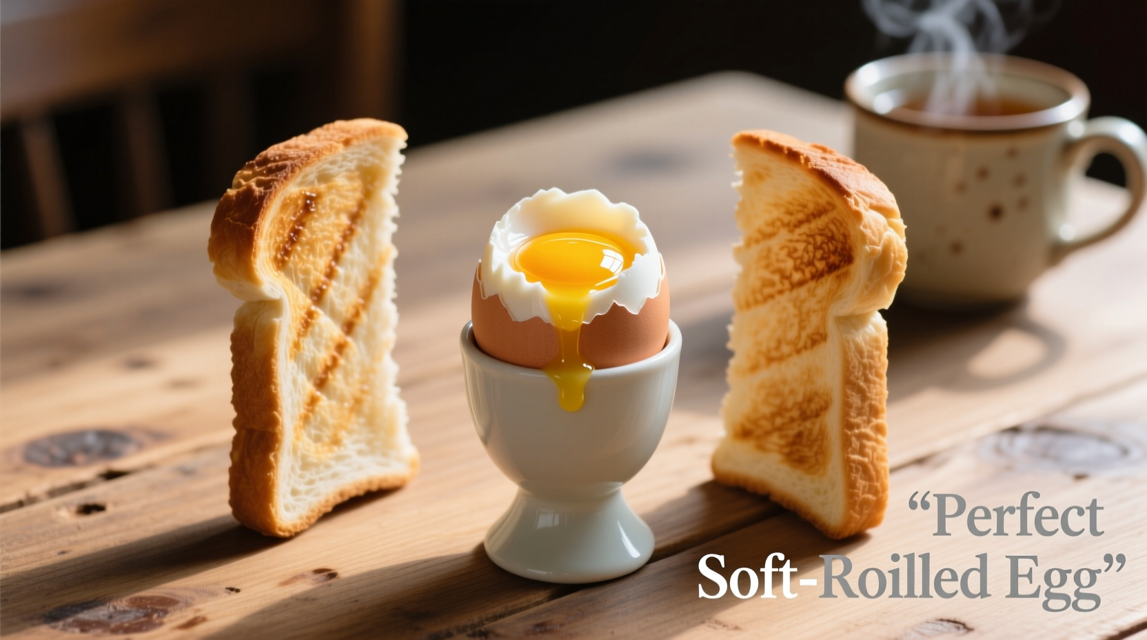 Perfect soft-boiled egg in egg cup with toast soldiers