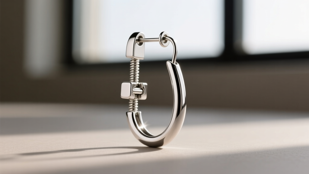 Close-up of a 20-gauge sterling silver leverback clasp on a long drop earring, highlighting the tension mechanism and jump ring