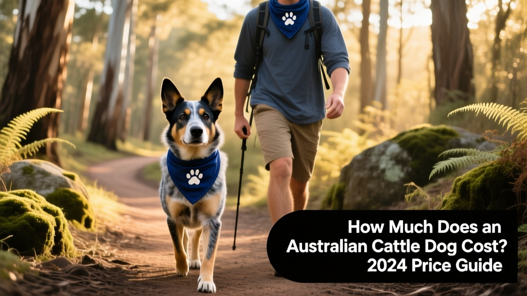 Australian Cattle Dog and owner hiking together on a forest trail, both wearing matching blue bandanas