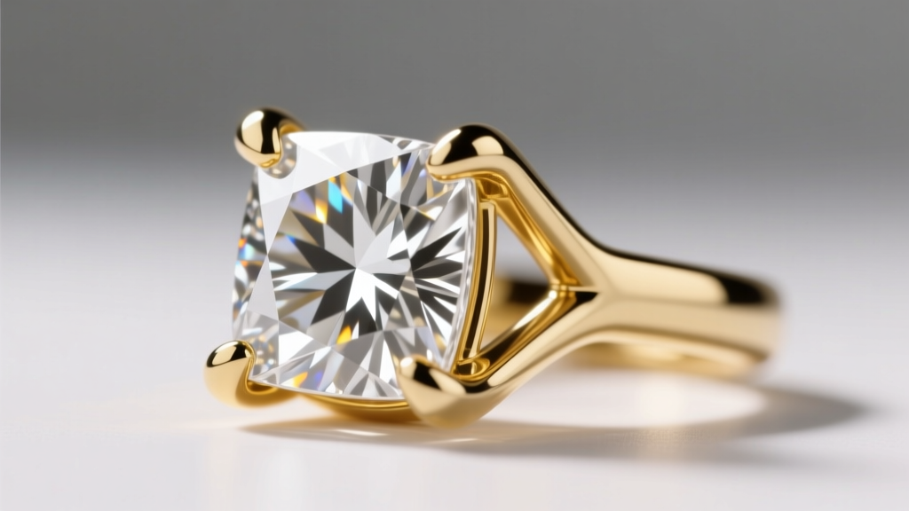 Macro view of a square princess-cut diamond secured by protective V-prongs in a polished 18k yellow gold basket earring setting.
