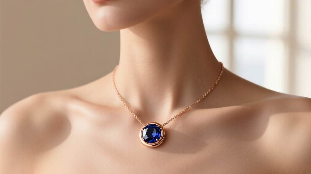 Woman wearing an 18k rose gold necklace circle with a sapphire, from a collarbone angle against a softly blurred background