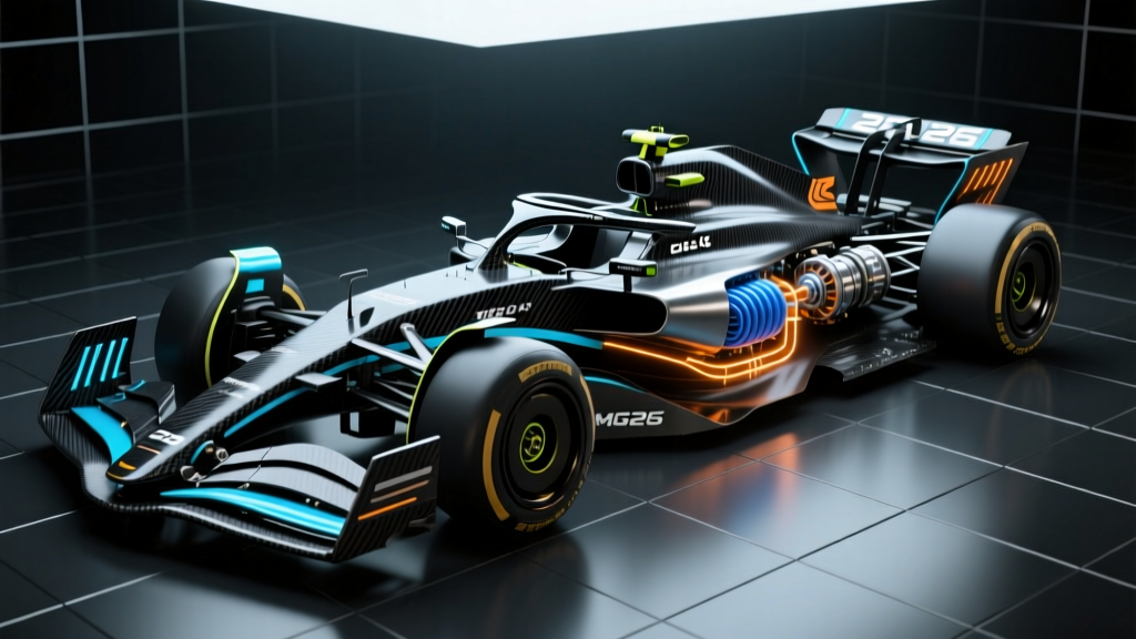 Exploded 3D CAD render of a 2026 Formula 1 car highlighting the carbon fiber monocoque, complex active aerodynamics, and hybrid power unit components on a dark grid background