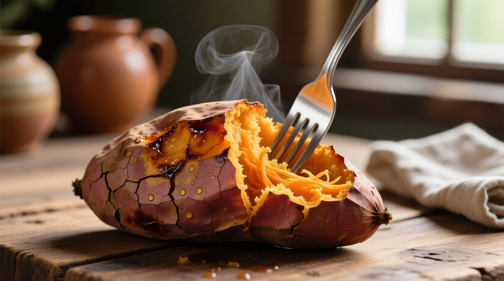Perfectly baked sweet potato with fork showing fluffy interior