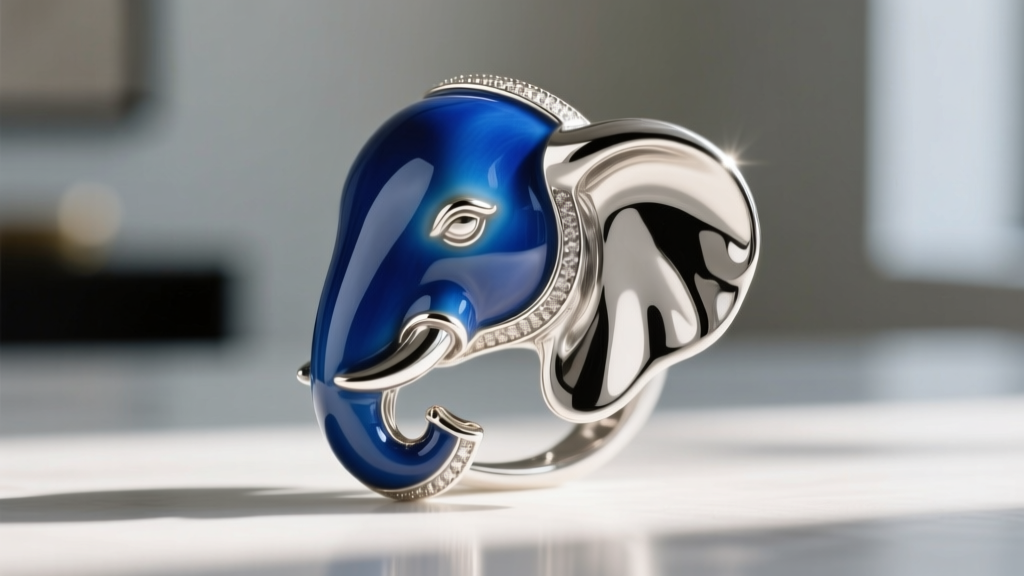 Close-up of vitreous blue enamel inlaid in a recessed silver elephant ear, showing glass-like luster and a crisp metal bezel edge