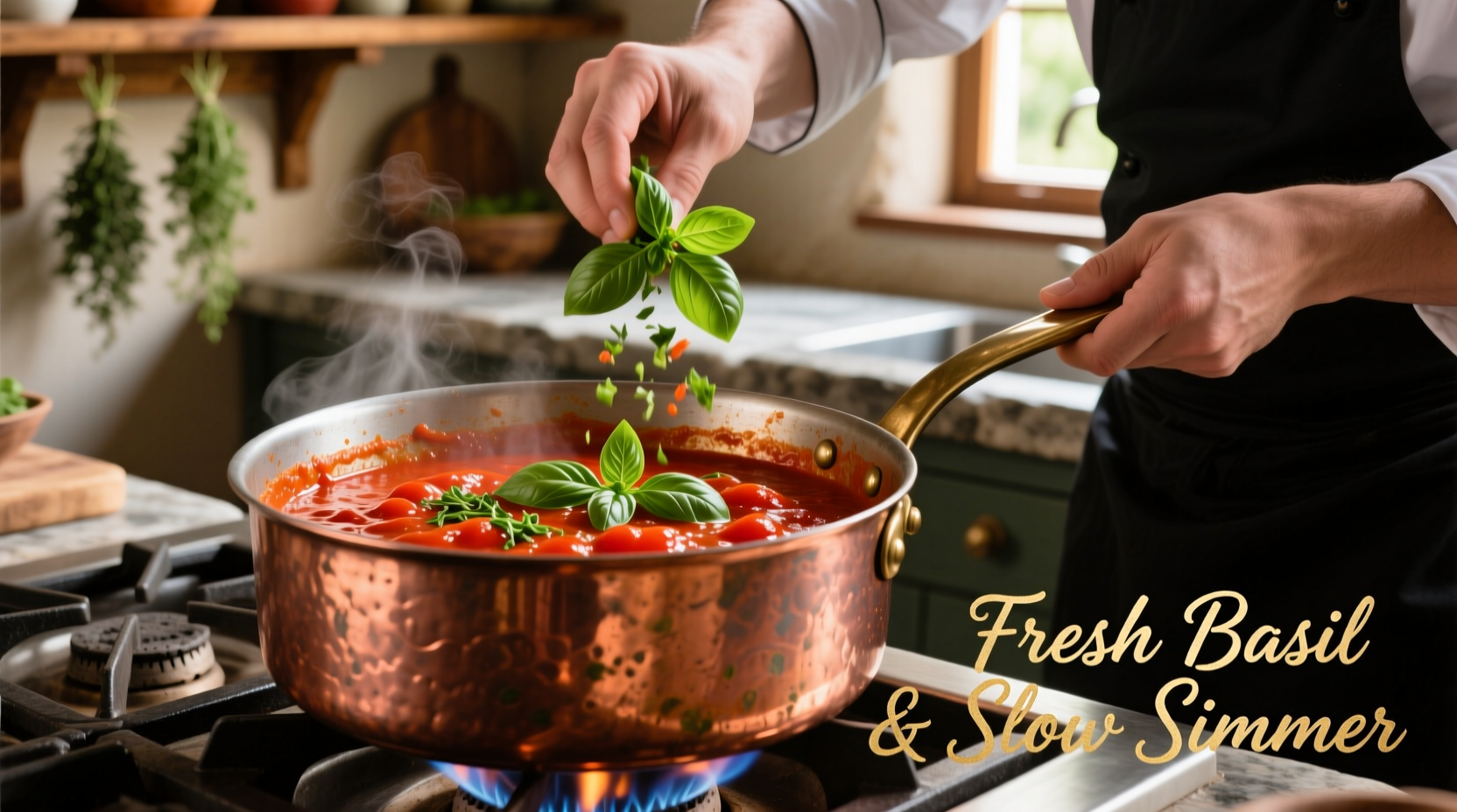 Chef stirring tomato sauce in copper pot with fresh basil