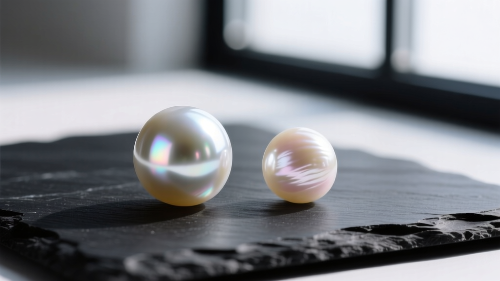 Macro shot comparing a high-luster Akoya pearl with sharp reflections next to a softer freshwater pearl on a dark slate surface.