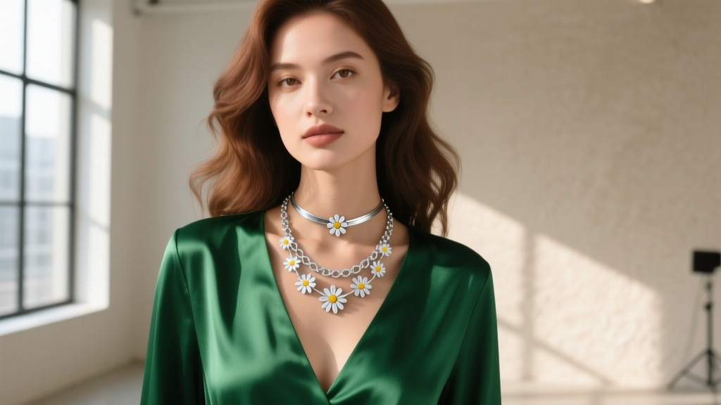 A woman wearing a layered silver daisy chain necklace and delicate choker, styled with a deep V-neck emerald green silk blouse.