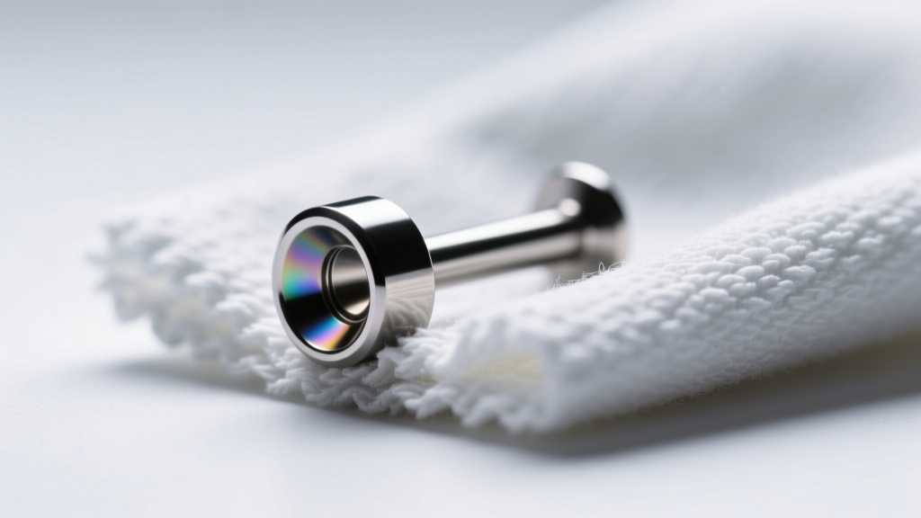 Close-up of implant-grade titanium labret stud being carefully wiped with a soft microfiber cloth under bright clinical lighting