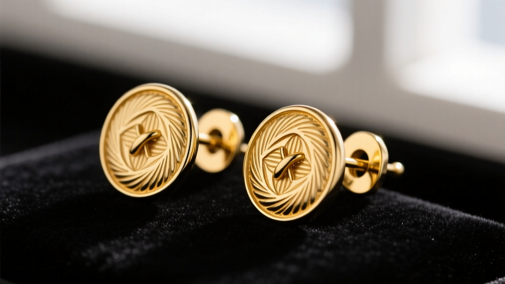 Macro shot of heavy 14k yellow gold 1980s button earrings showing Florentine engraving and a hinged omega clip back on dark velvet