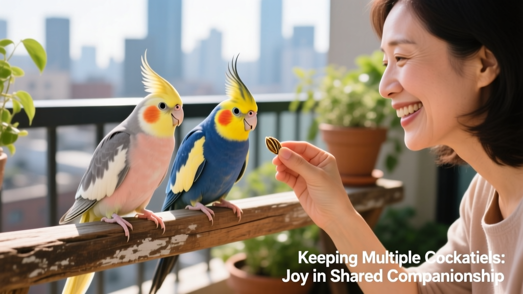 A happy owner gently offering a treat to two cockatiels sitting side by side on a wide perch