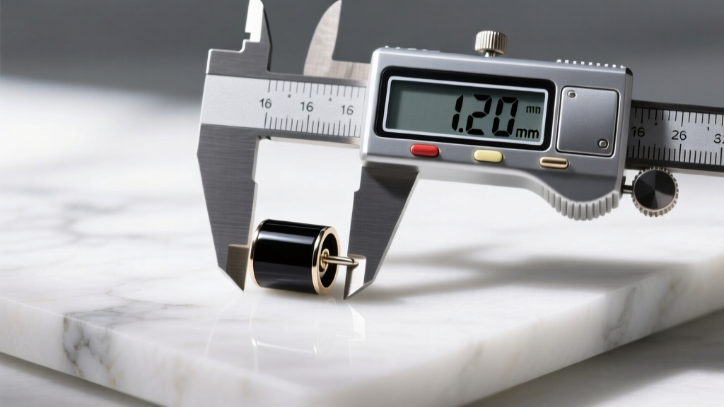 Digital caliper measuring the 1.2mm thickness of a 16-gauge black onyx cartilage stud earring on a clean white marble surface