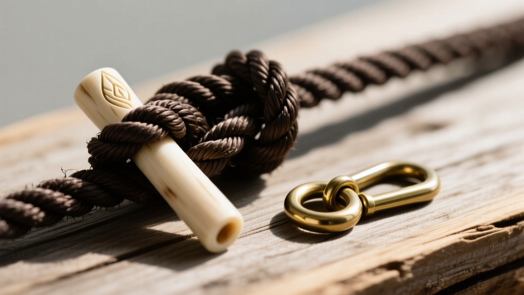Macro shot of tarred bank line cordage tied in a knot beside a carved bone toggle and brass breakaway safety clasp on raw wood.