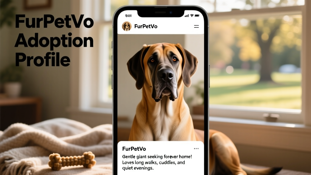 Screenshot-style image showing a FurPetVo adoption profile page with photos and bio for a Great Dane