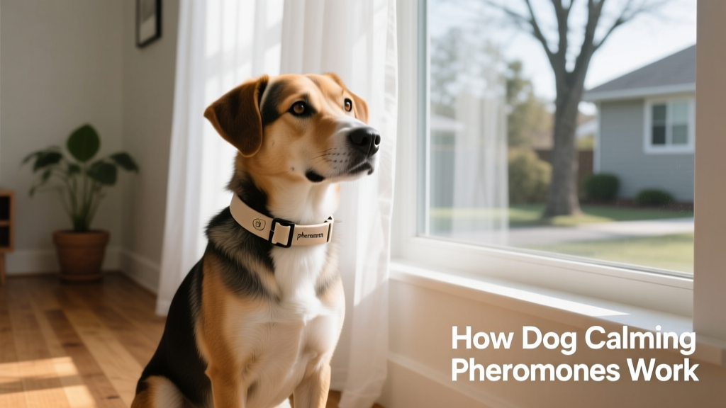 A dog wearing a soft, adjustable pheromone collar while sitting calmly beside a window