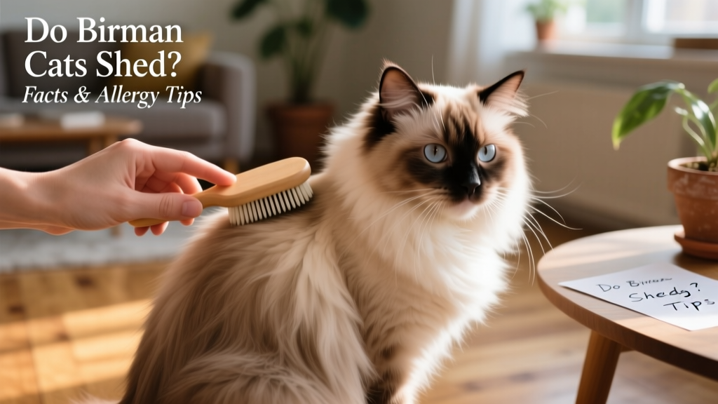A close-up of a person gently brushing a Birman cat’s back with a soft-bristle brush, highlighting the smooth, gleaming texture of its coat