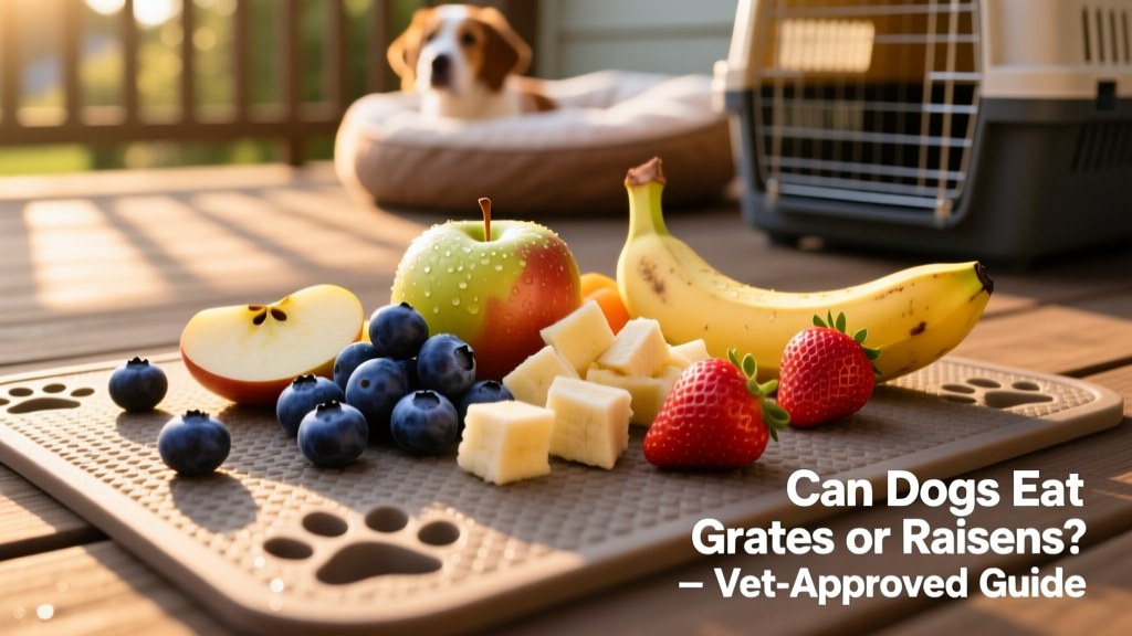 A colorful arrangement of dog-safe fruits—blueberries, apple slices, banana chunks, and strawberries—on a pet-friendly placemat