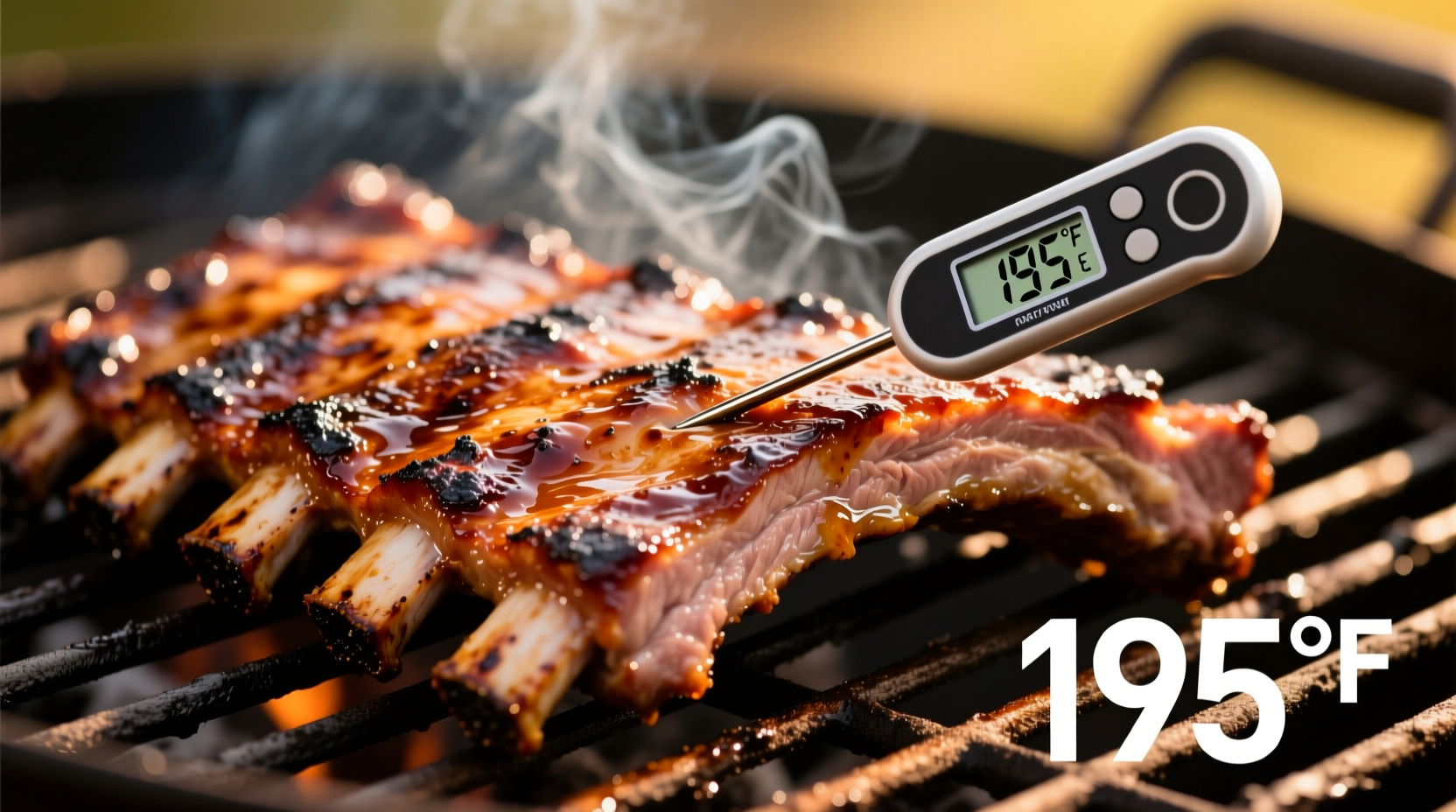 Perfectly cooked ribs on grill with thermometer
