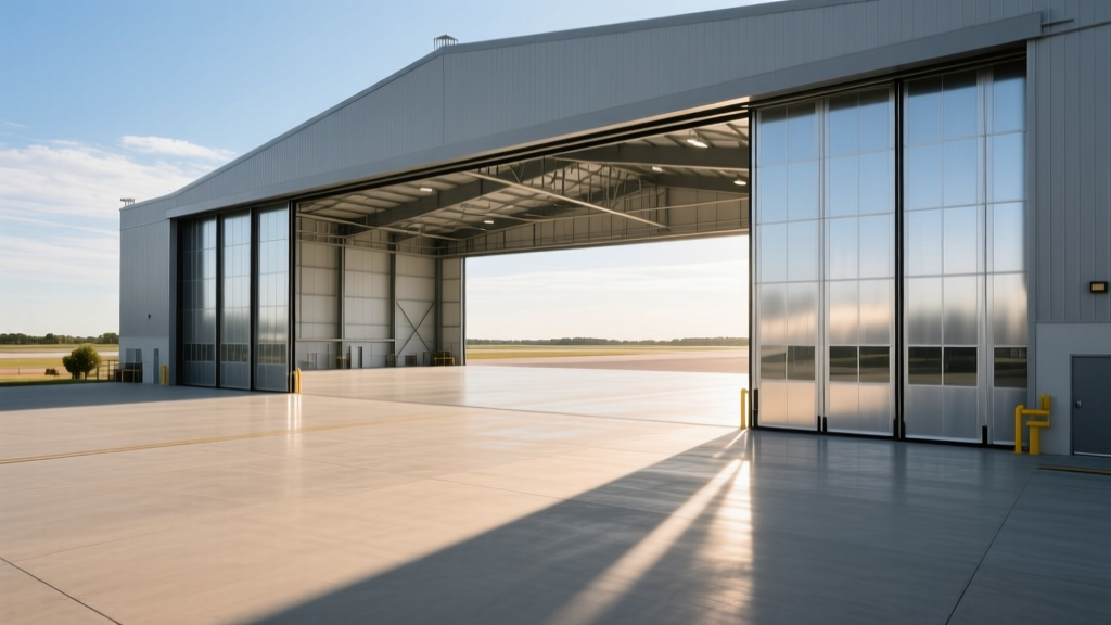 Wide-angle view of a newly constructed clear-span steel aircraft hangar with large bi-fold doors and a polished concrete apron