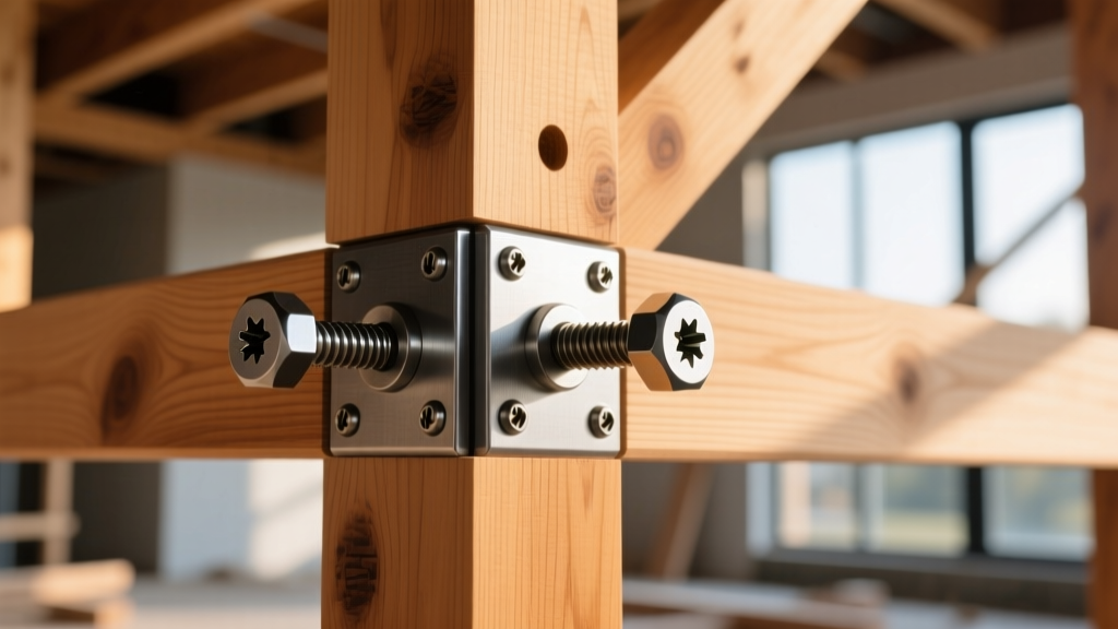 Close-up of a structural timber joint being fastened with heavy-duty hex-head structural screws and steel connectors in a wood-framed building
