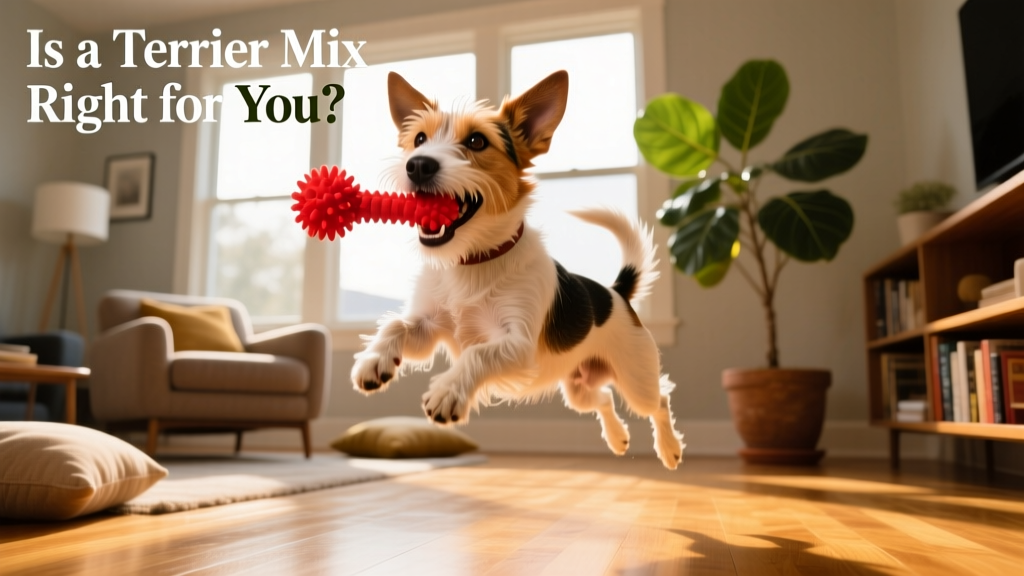 A joyful terrier mix mid-play with a squeaky toy in a sunlit living room