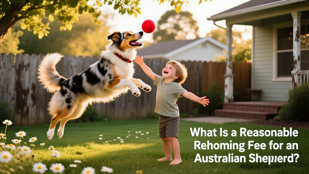 Australian Shepherd playing fetch in a fenced backyard with a joyful child, illustrating a happy, secure new home