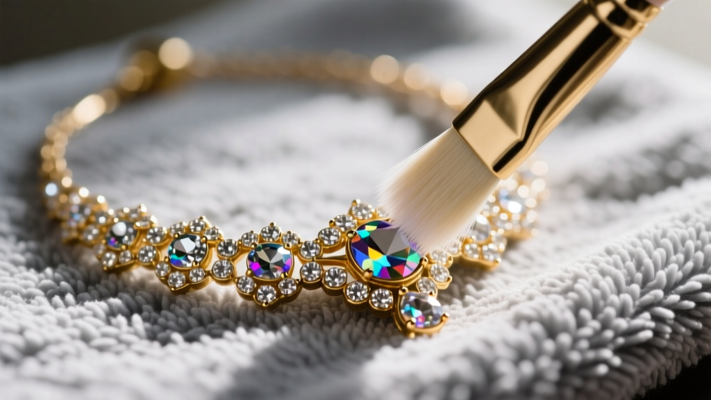 Close-up of a soft brush gently cleaning rhinestone settings of a vintage gold-tone necklace over a gray microfiber towel