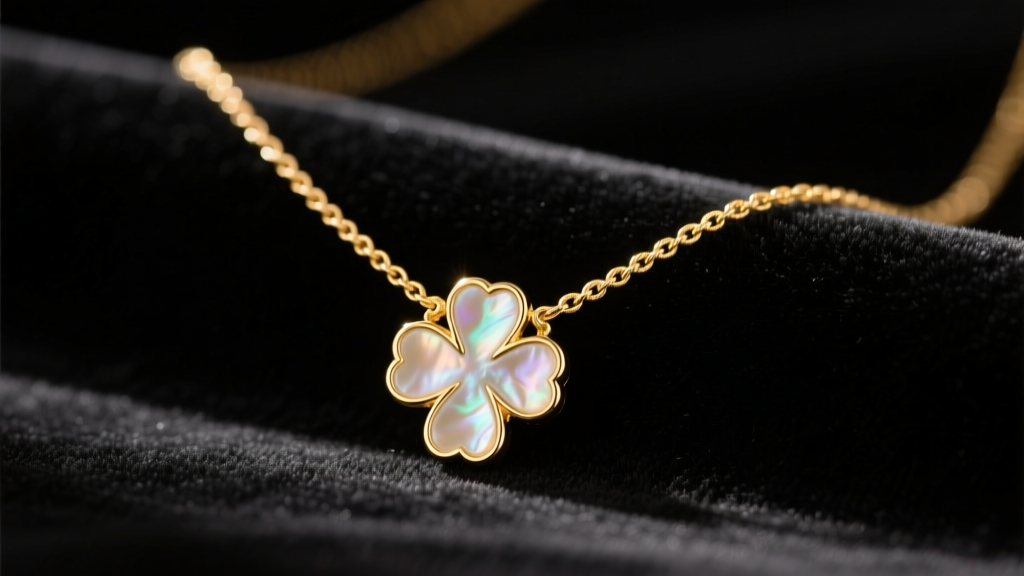 Gold sweet alhambra necklace on dark velvet, highlighting a small mother-of-pearl clover motif and a delicate fine cable chain.