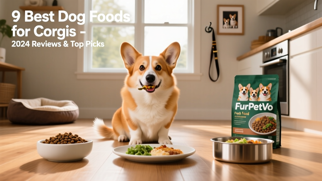 Side-by-side comparison of FurPetVo kibble, fresh food portions, and a Corgi enjoying a balanced meal