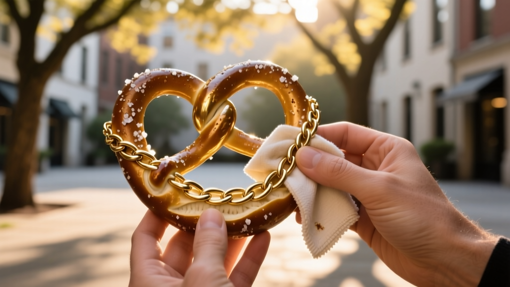 Hands gently wiping a brass pretzel necklace with a damp microfiber cloth, removing dried salt crystals and beer residue outdoors