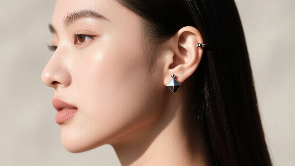 Side profile of a woman wearing a titanium internally threaded flat back labret earring in her upper helix cartilage piercing