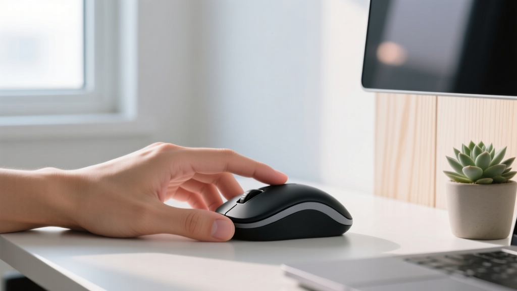 Side profile of a relaxed hand resting on a contoured vertical mouse, demonstrating reduced wrist pronation and natural finger placement.