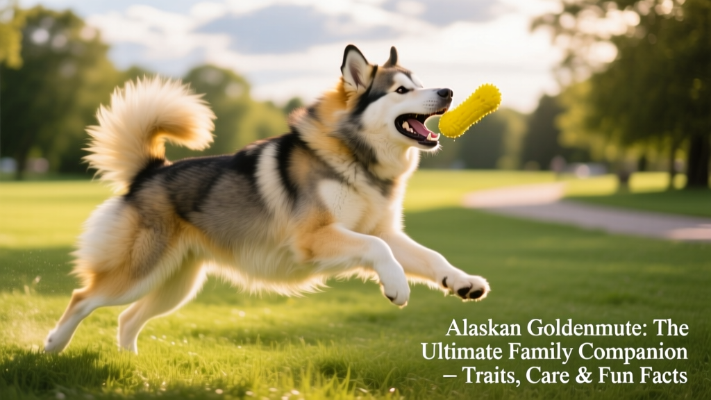 An Alaskan Goldenmute playing fetch with a bright yellow toy in a grassy park, showing off its athletic build and joyful expression