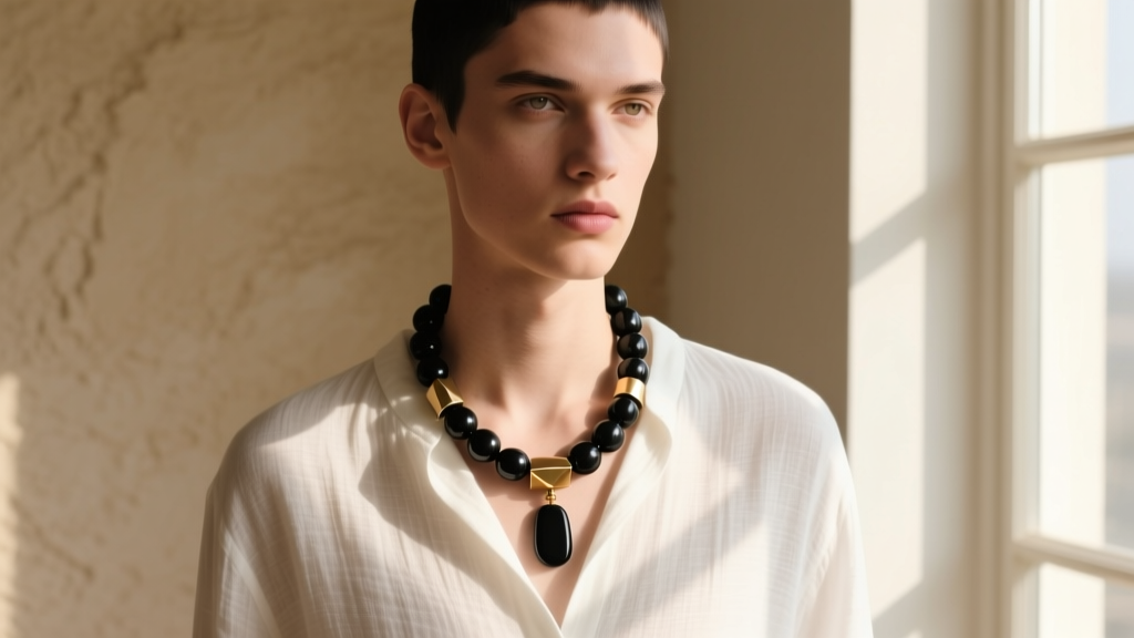 Person wearing a matte onyx necklace prayer beads strand with a geometric brass spacer over a white linen shirt in natural sun