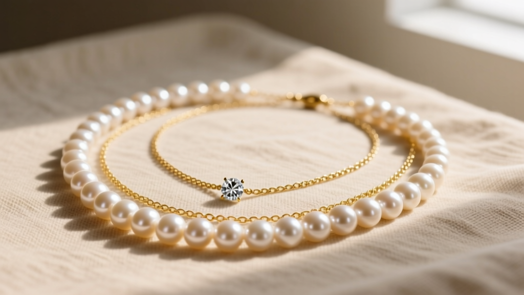 Flat lay of an irregular pearl necklace layered with a delicate gold chain and small diamond pendant on textured beige linen fabric.