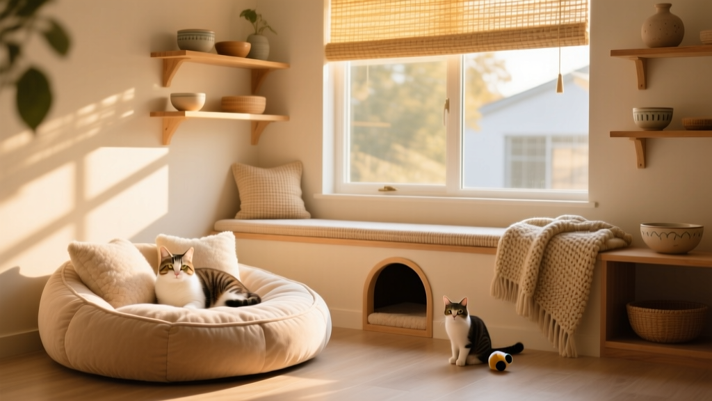 A cozy, well-lit cat suite with a soft bed, hiding box, and window perch