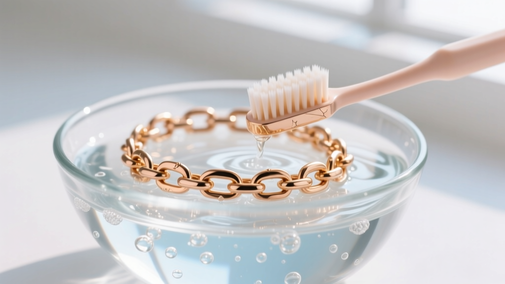 Soft baby-bristle toothbrush scrubbing 14k rose gold link bracelet submerged in a clear bowl of soapy distilled water.