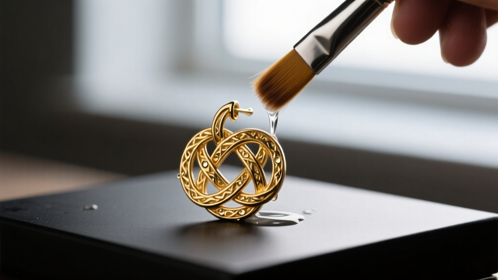 Jeweler using a soft-bristled brush and mild soapy water to gently clean the tight crevices of a complex Celtic knot gold earring.