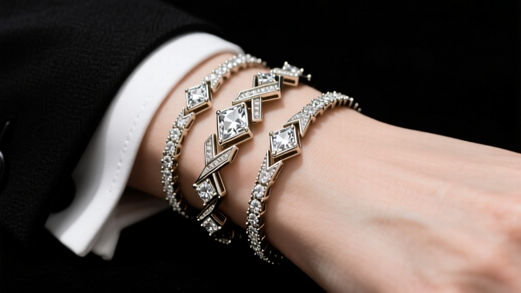 Stack of three 1920s Art Deco straight-line diamond bracelets in white gold on a wrist against a tuxedo cuff, sharp macro focus