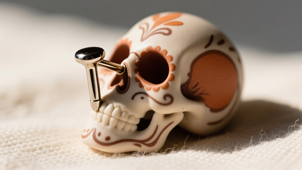 Macro shot of an 18-gauge titanium post on a polymer clay calavera stud, highlighting the hypoallergenic metal against soft fabric