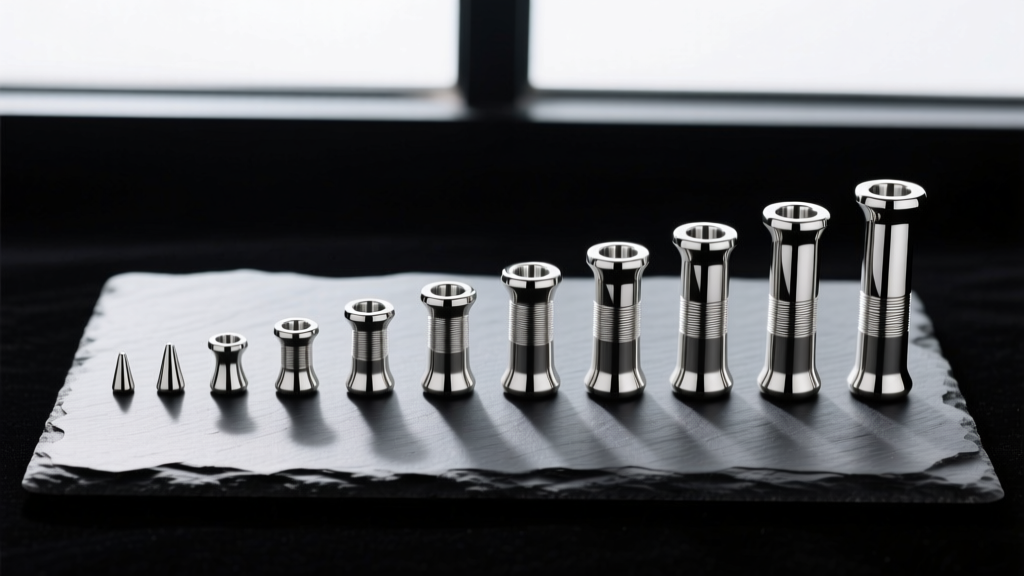 Overhead flat lay of stainless steel ear stretching tapers and plugs arranged by size from 14 gauge to 00 gauge on dark slate
