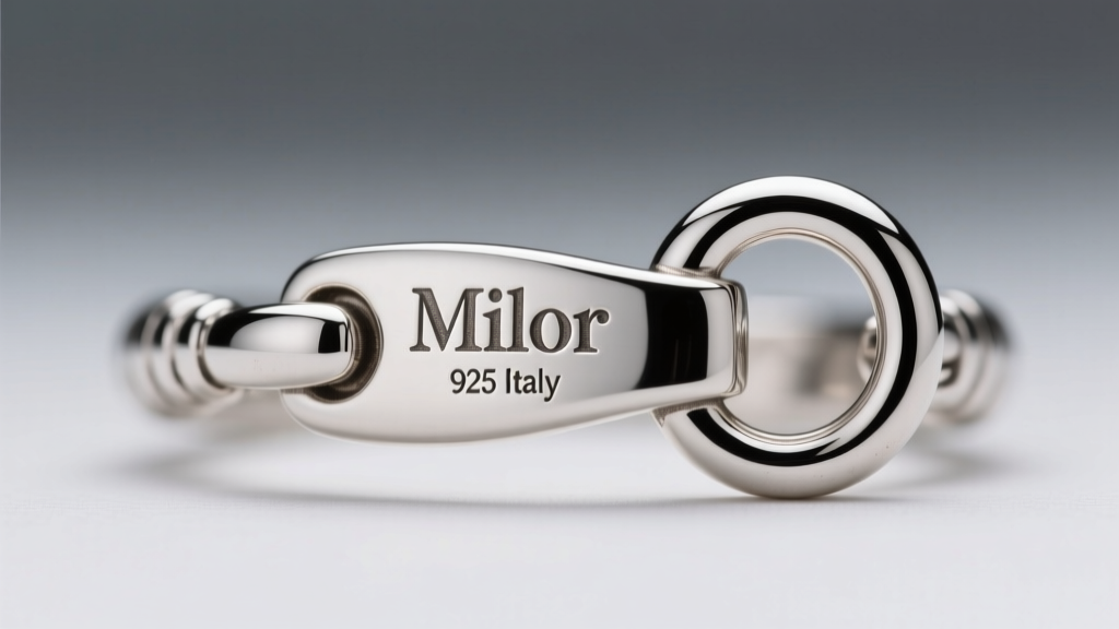 Close-up of a genuine Milor 925 Italy hallmark stamped on a polished sterling silver lobster clasp under soft macro lighting.