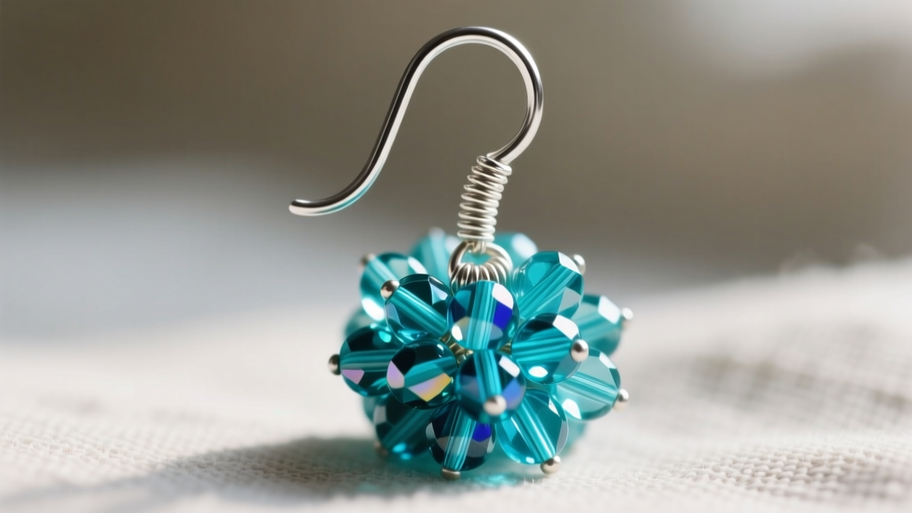Macro shot of a 20-gauge sterling silver French wire hook supporting a heavy turquoise and glass bead cluster under soft lighting.