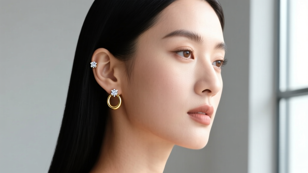 Close-up of a minimalist ear stack with delicate 14k gold huggies and small bezel-set diamond studs on a woman with sleek hair