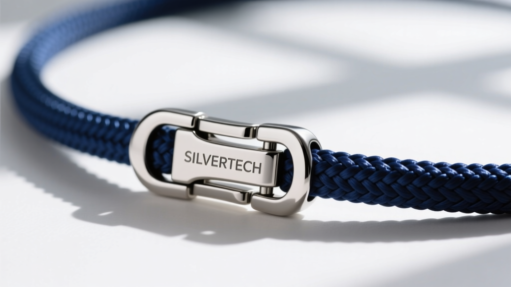 Extreme close-up of a high-quality surgical stainless steel lobster clasp attached to a durable braided nylon necklace cord.