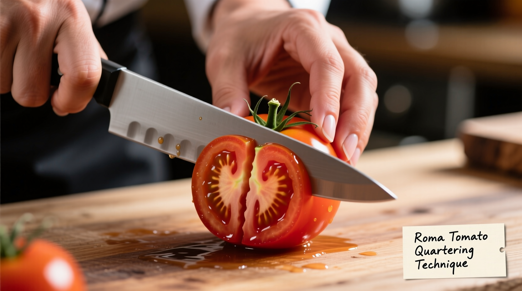 Chef's hand demonstrating proper roma tomato quartering technique