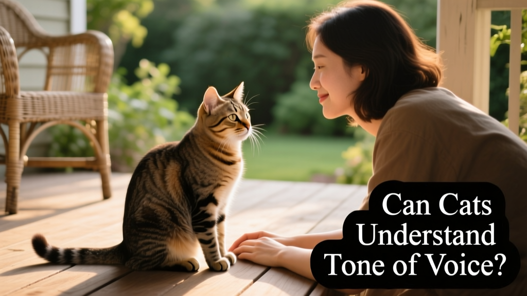A relaxed cat sitting calmly beside its person, both appearing engaged and connected
